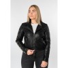 Geacă de piele damă Mauritius MWCoraschon negru bej cu detalii geometrice și stil biker modern