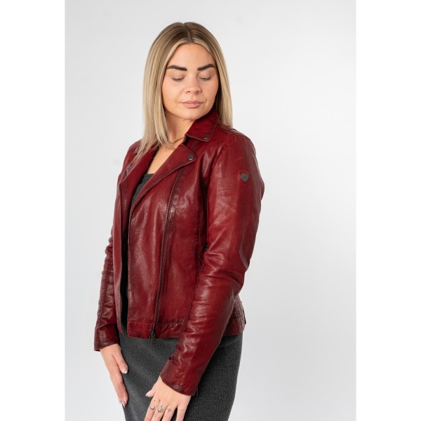 Geacă pentru femei Mauritius MWFarah, roșie – biker cu fermoar asimetric și guler cu rever și capse decorative — fotografia 7