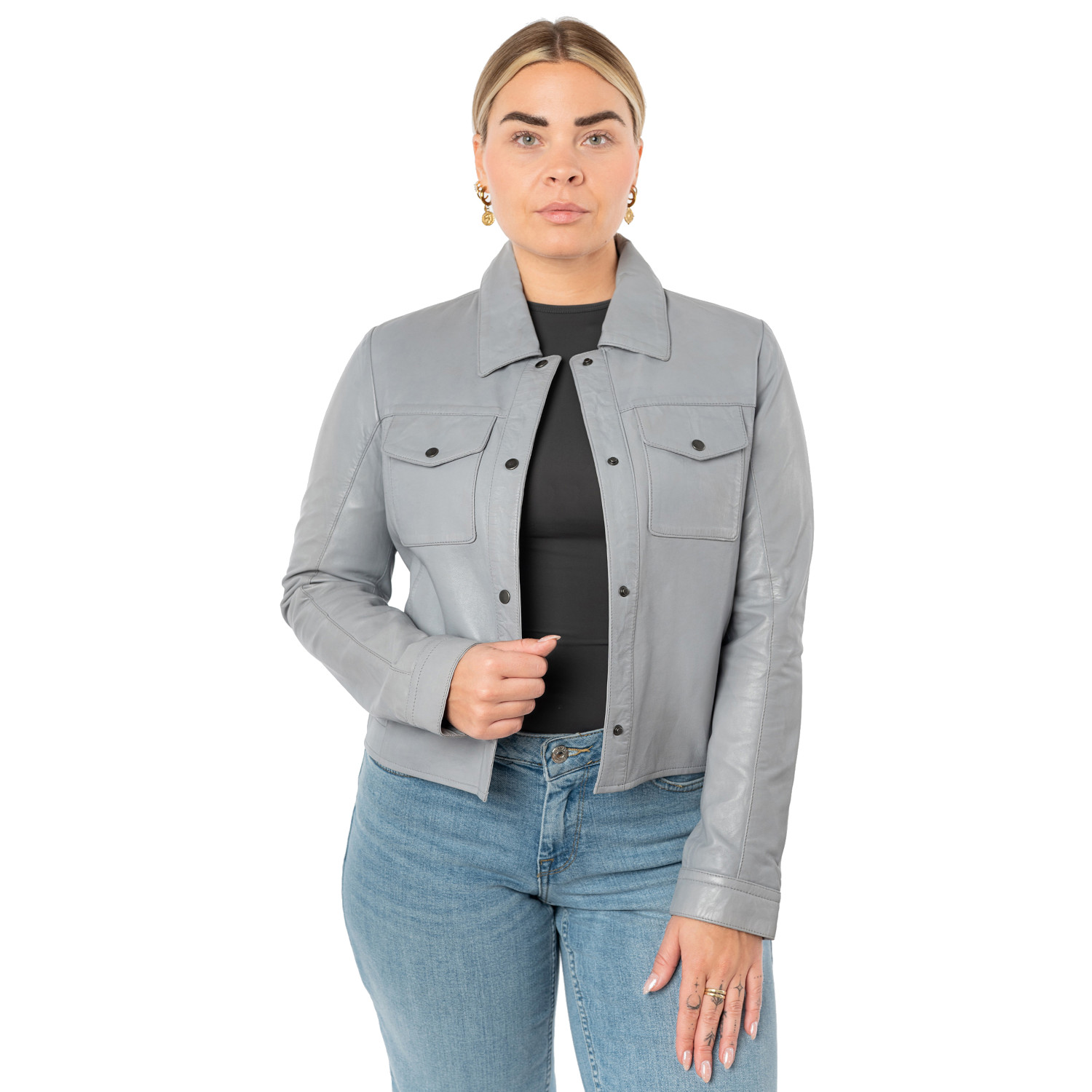 Geacă scurtă de piele damă albastru deschis Mauritius MWFeodora stil casual contemporary
