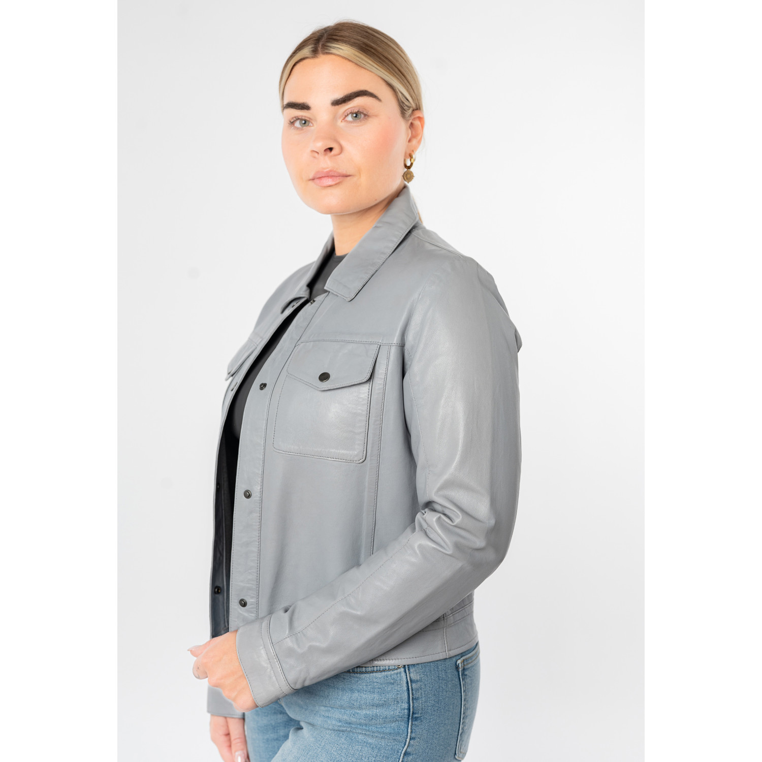 Geacă scurtă de piele damă albastru deschis Mauritius MWFeodora stil casual contemporary