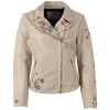 Geacă piele damă alb prăfuit Mauritius MWFloral stil biker cu broderie florală