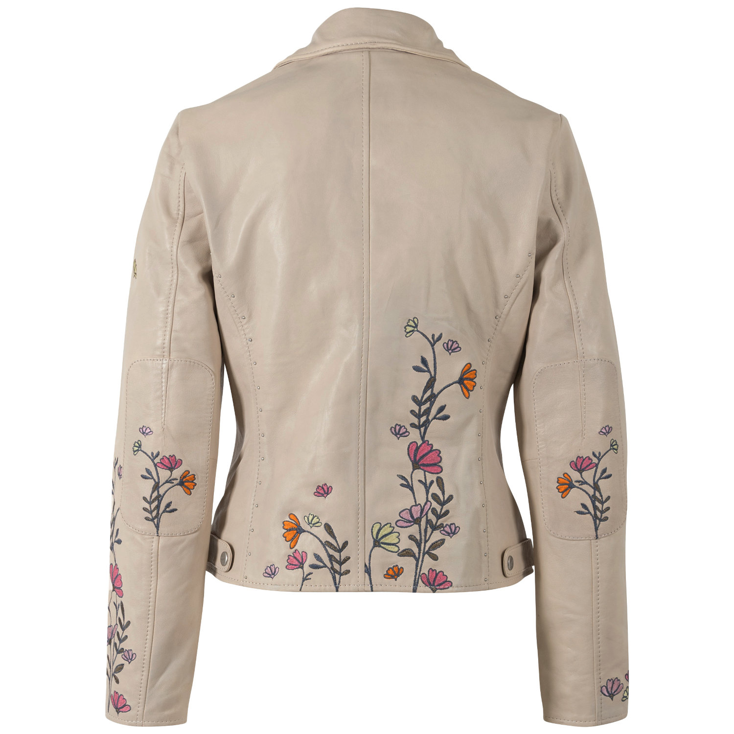 Geacă piele damă alb prăfuit Mauritius MWFloral stil biker cu broderie florală