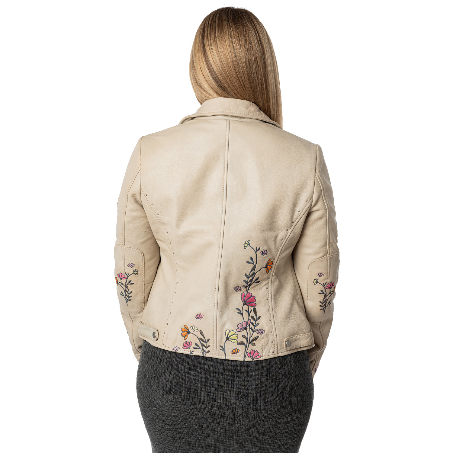 Geacă piele damă alb prăfuit Mauritius MWFloral stil biker cu broderie florală