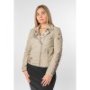 Geacă piele damă alb prăfuit Mauritius MWFloral stil biker cu broderie florală