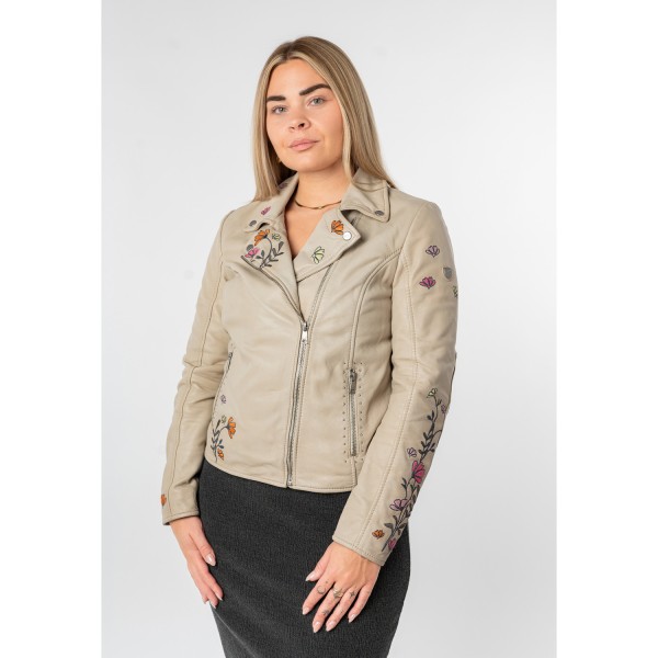 Geacă piele damă alb prăfuit Mauritius MWFloral stil biker cu broderie florală — fotografia 7