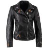 Geacă piele damă neagră Mauritius MWFloral stil biker cu broderie florală