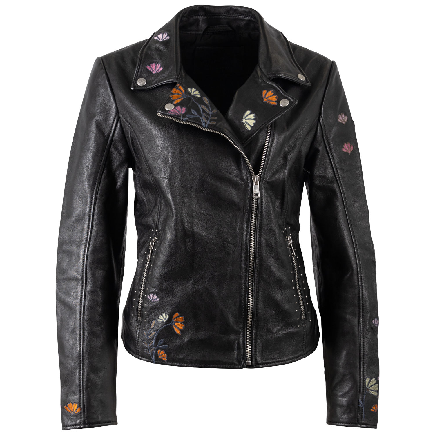 Geacă piele damă neagră Mauritius MWFloral stil biker cu broderie florală