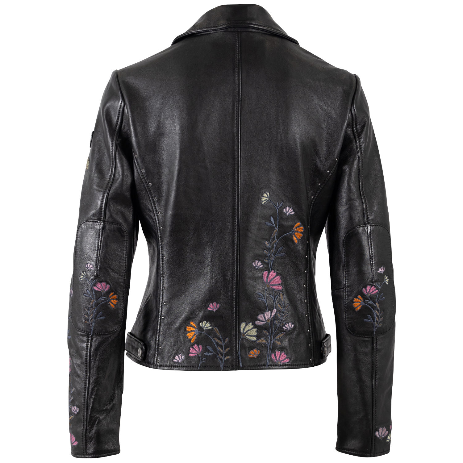 Geacă piele damă neagră Mauritius MWFloral stil biker cu broderie florală