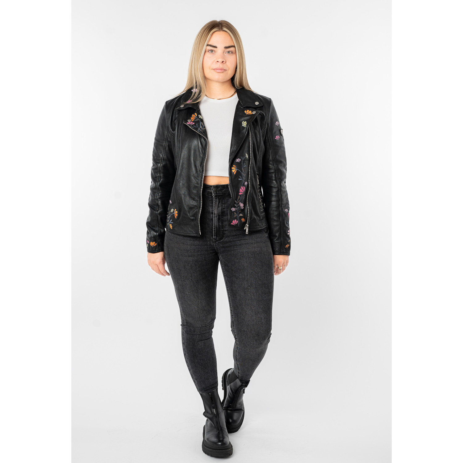Geacă piele damă neagră Mauritius MWFloral stil biker cu broderie florală