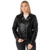 Geacă piele damă neagră Mauritius MWFloral stil biker cu broderie florală