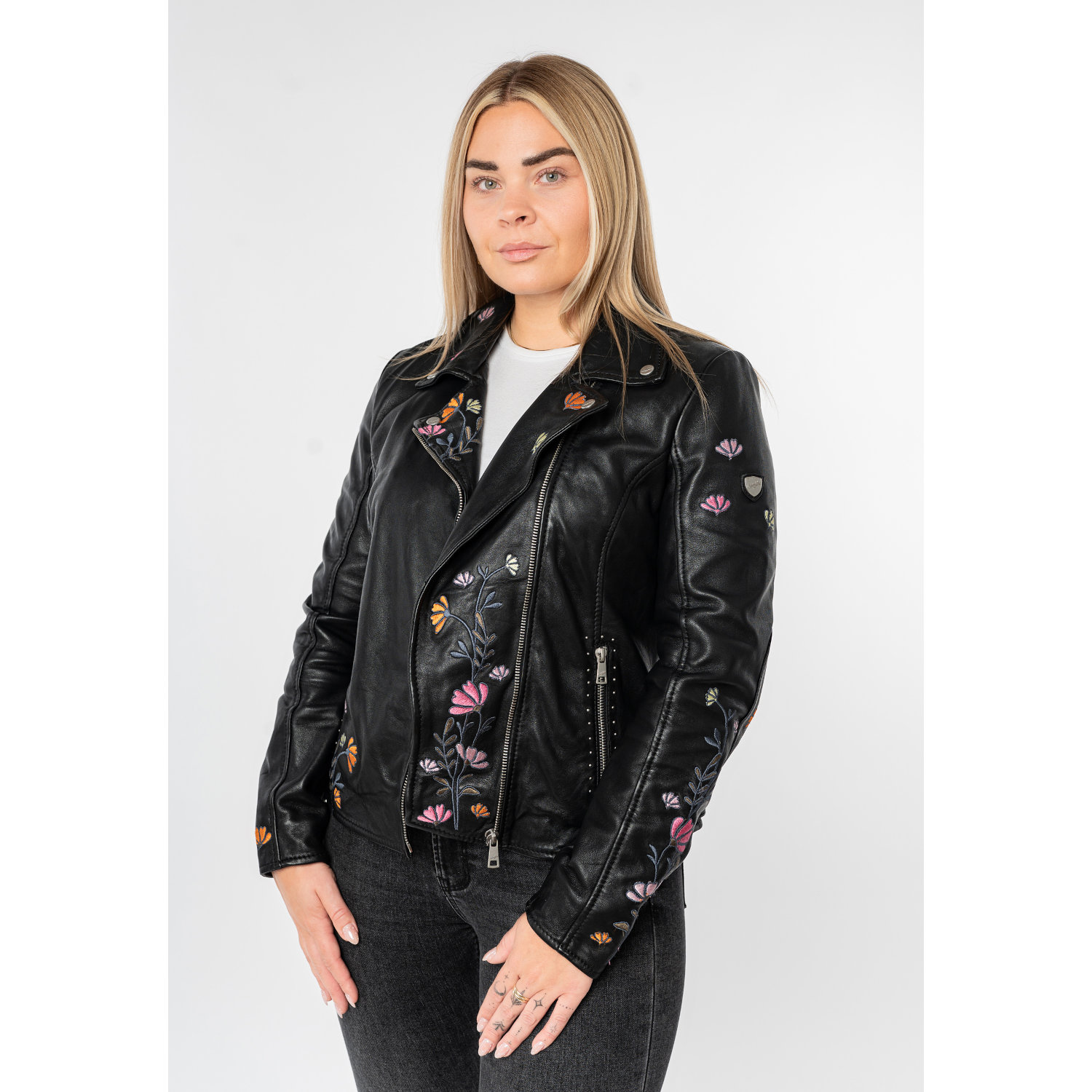 Geacă piele damă neagră Mauritius MWFloral stil biker cu broderie florală