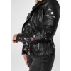 Geacă piele damă neagră Mauritius MWFloral stil biker cu broderie florală