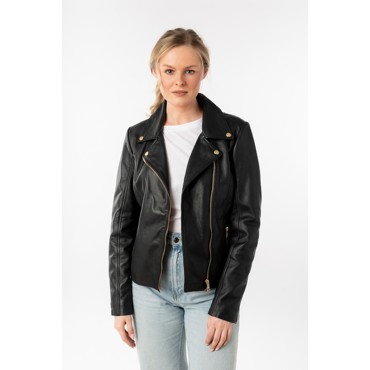 Geacă de piele damă neagră Mauritius MWFylli cu fermoar asimetric auriu