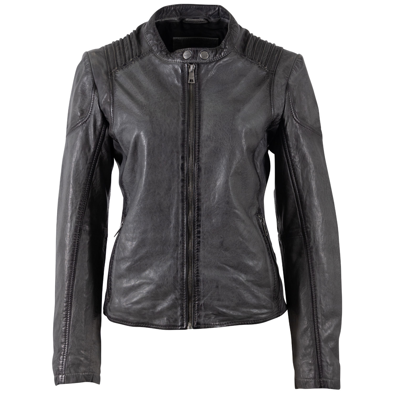 Geacă de piele damă antracit Mauritius MWGionna cu guler stand-up și umeri în relief