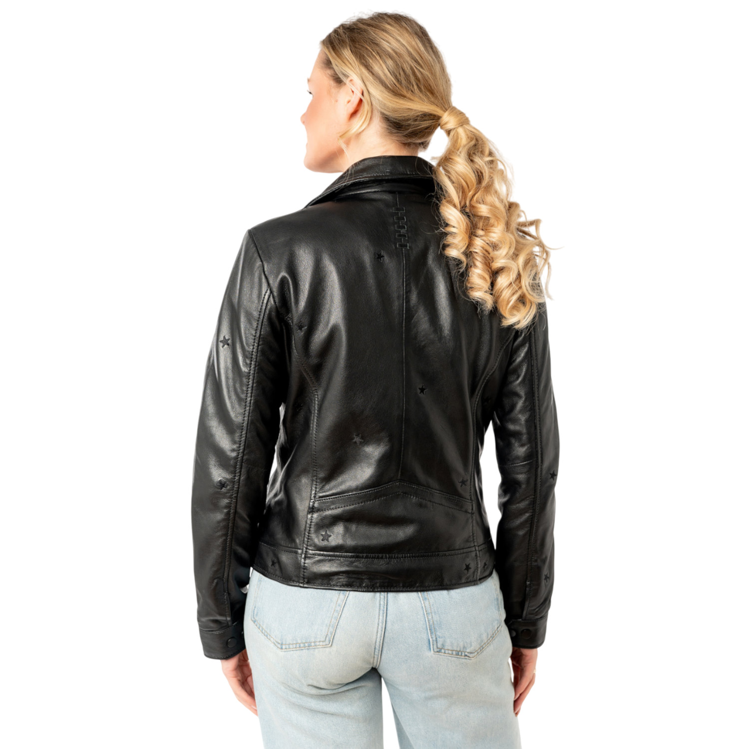 geaca piele dama mauritius neagra mwhoshie detalii stele embosate biker