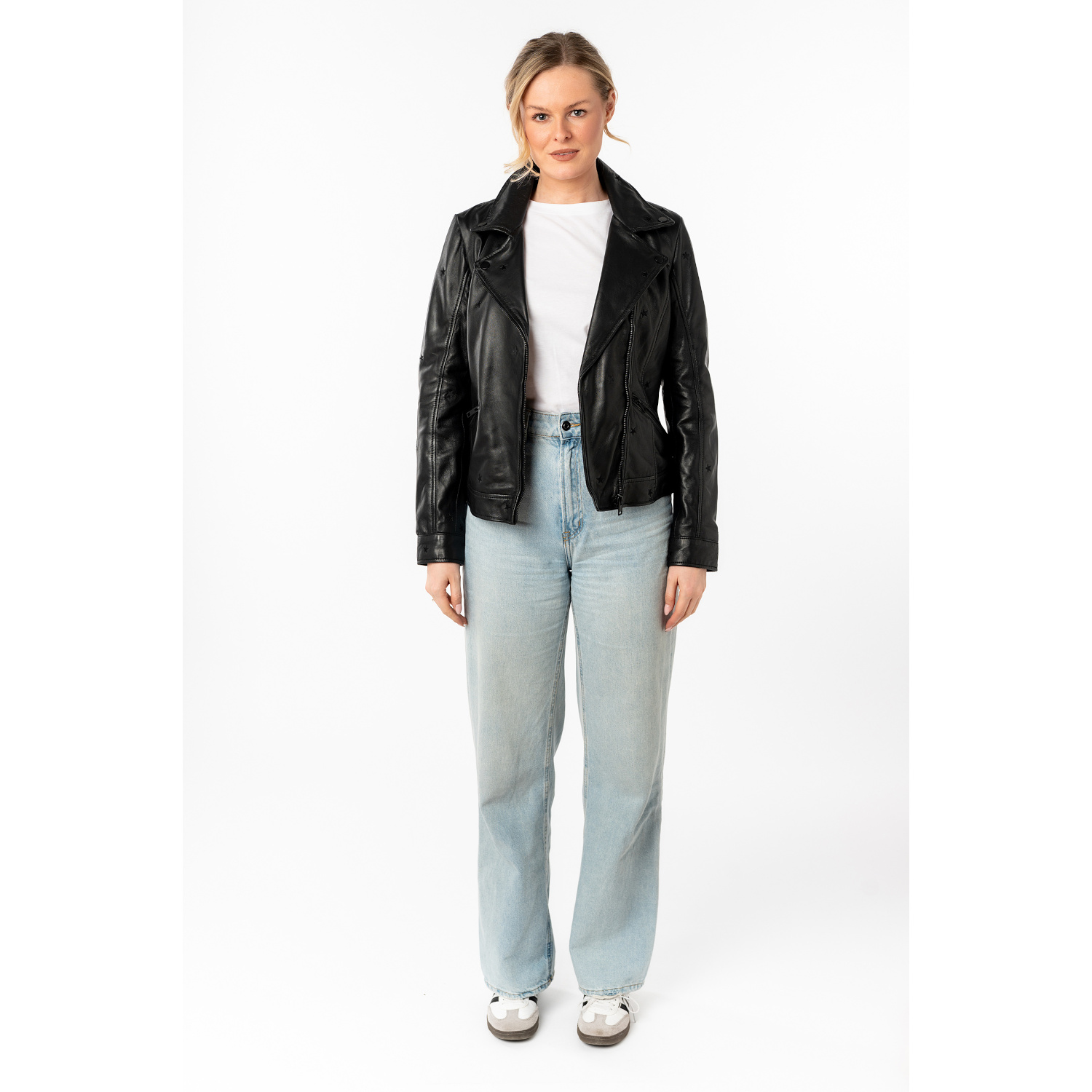 geaca piele dama mauritius neagra mwhoshie detalii stele embosate biker