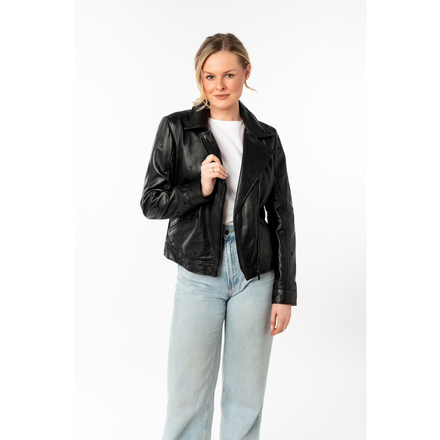 geaca piele dama mauritius neagra mwhoshie detalii stele embosate biker