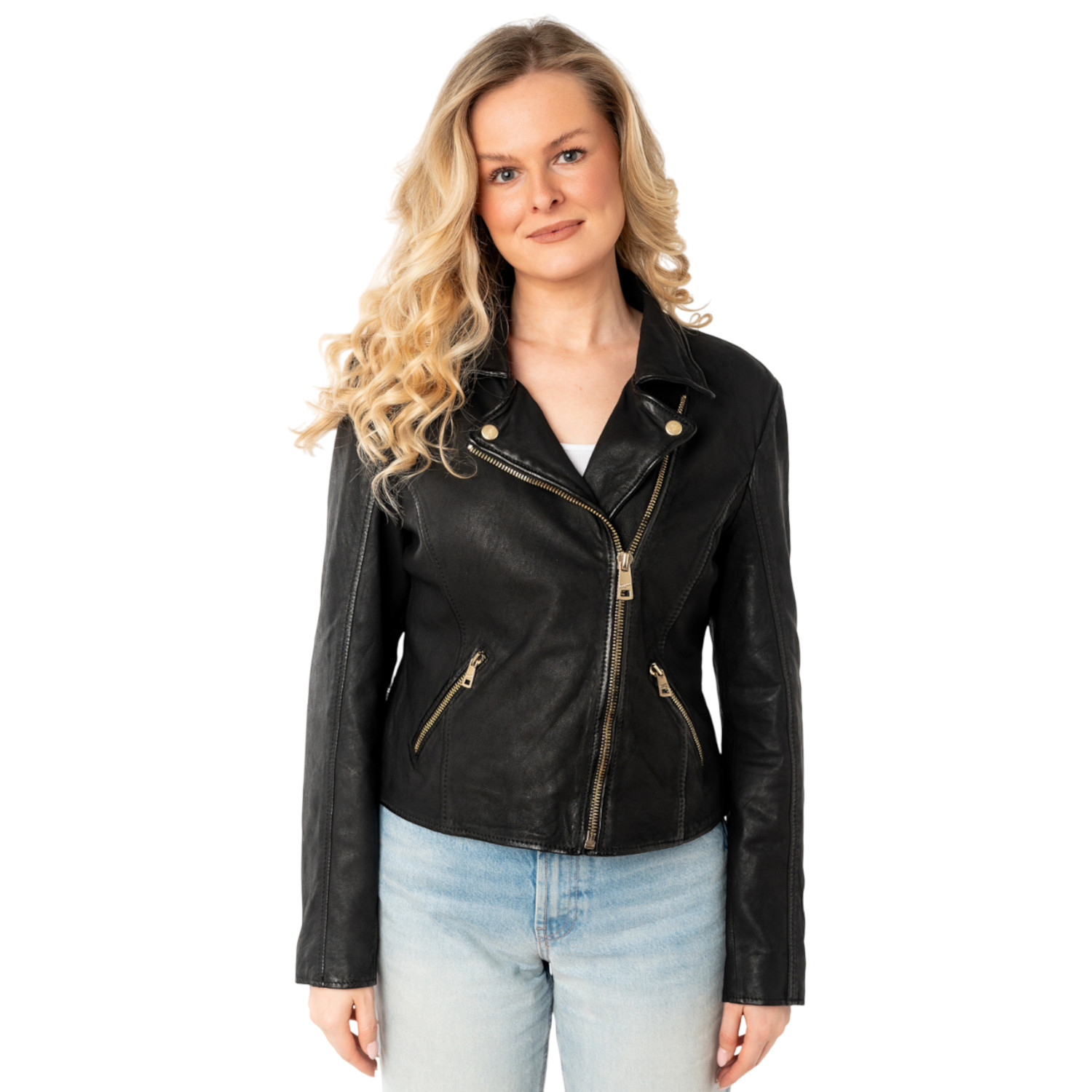 geaca piele dama mauritius mwinessa neagra fermoar asimetric accesorii aurii guler biker