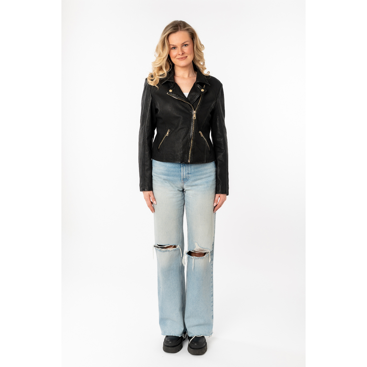geaca piele dama mauritius mwinessa neagra fermoar asimetric accesorii aurii guler biker