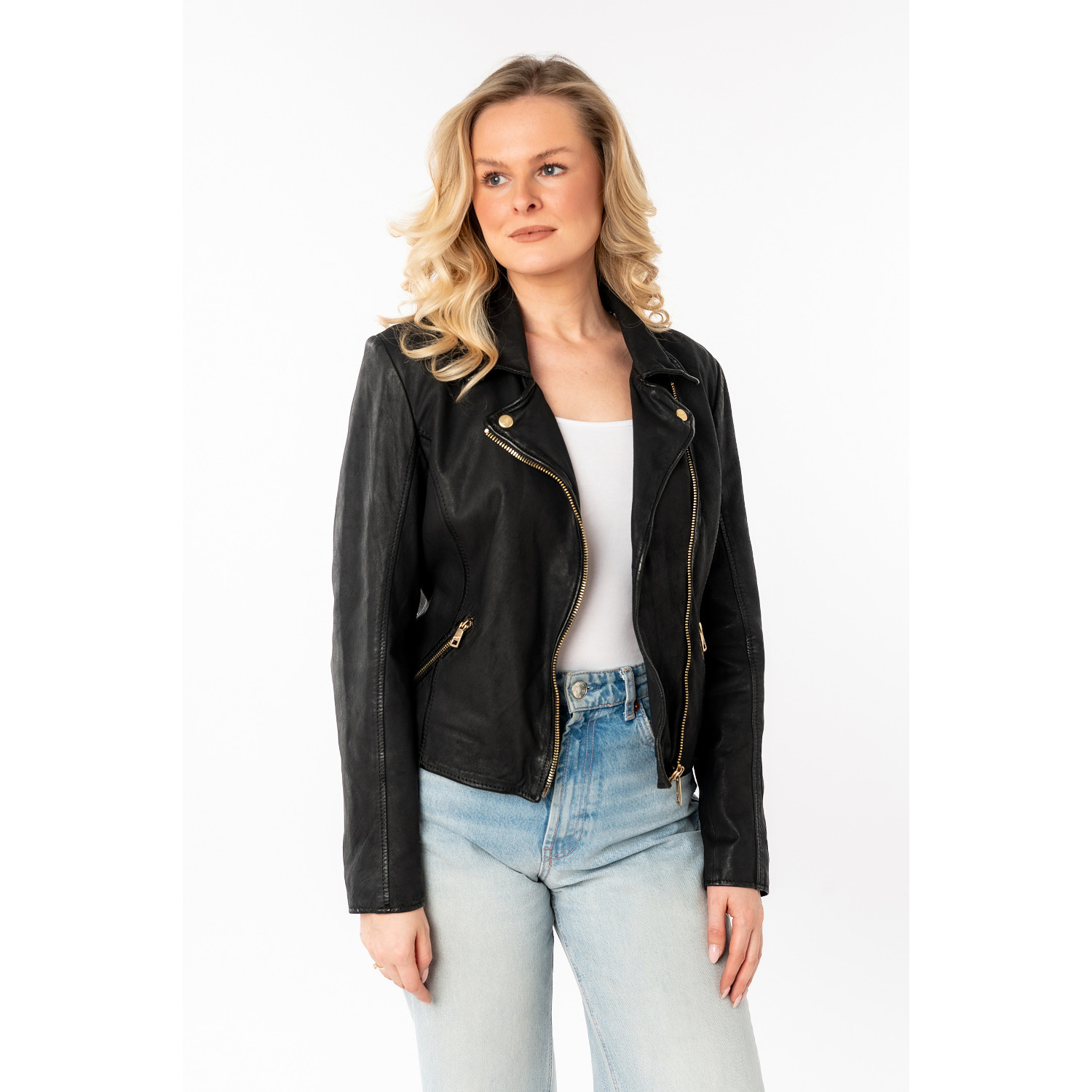 geaca piele dama mauritius mwinessa neagra fermoar asimetric accesorii aurii guler biker