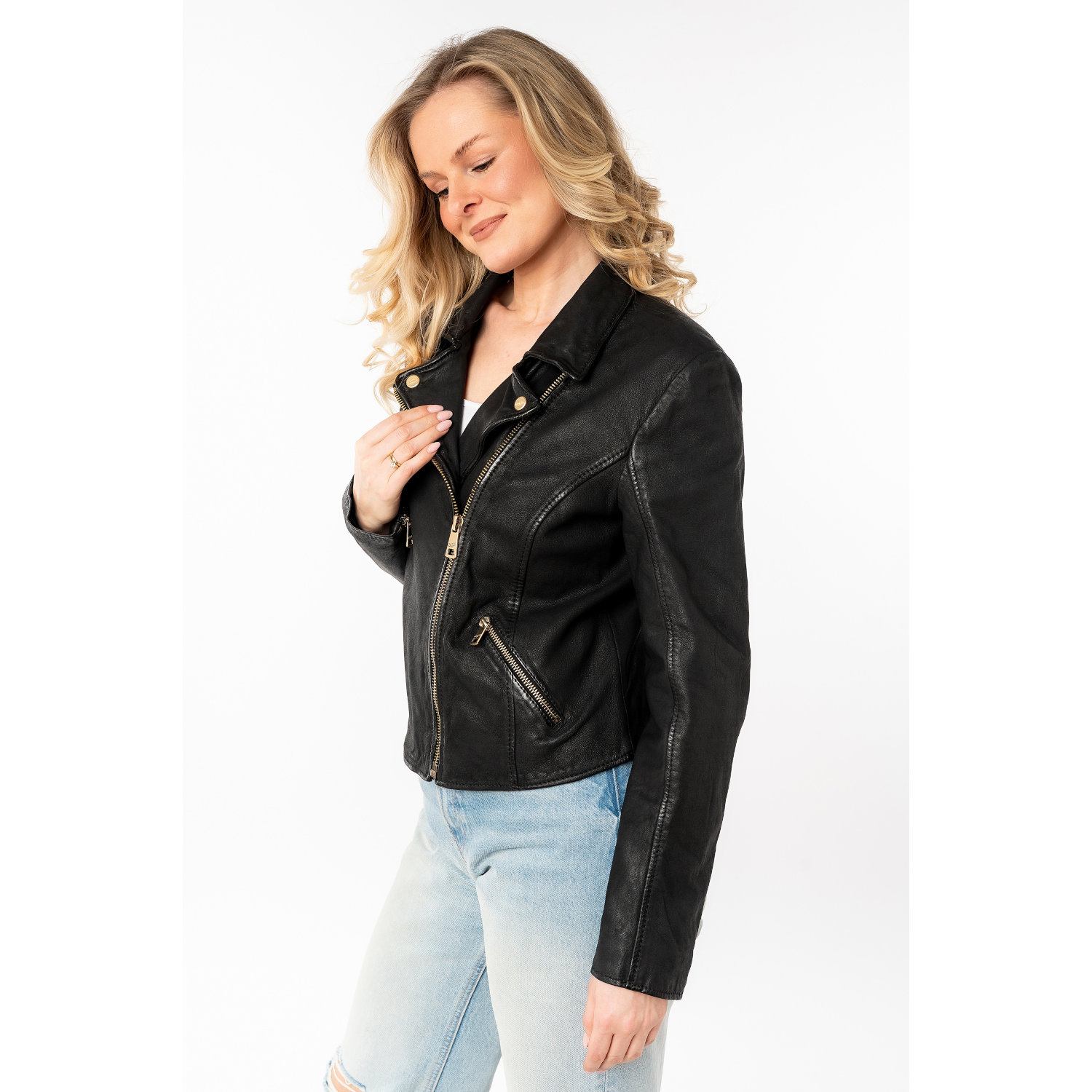 geaca piele dama mauritius mwinessa neagra fermoar asimetric accesorii aurii guler biker