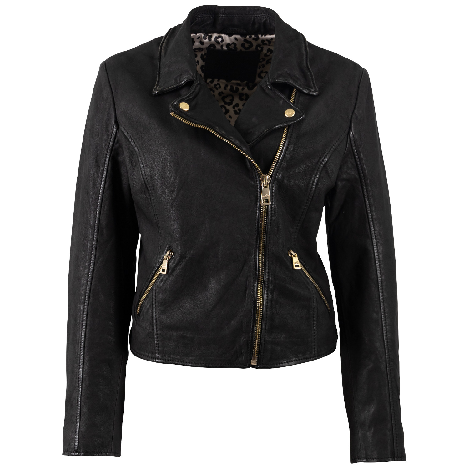 Geacă de piele damă Mauritius MWINESSA neagră cu fermoare aurii geaca piele dama mauritius mwinessa neagra fermoar asimetric accesorii aurii guler biker