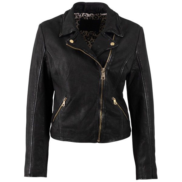 geaca piele dama mauritius mwinessa neagra fermoar asimetric accesorii aurii guler biker — fotografia 3