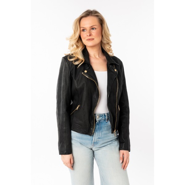 geaca piele dama mauritius mwinessa neagra fermoar asimetric accesorii aurii guler biker — fotografia 6