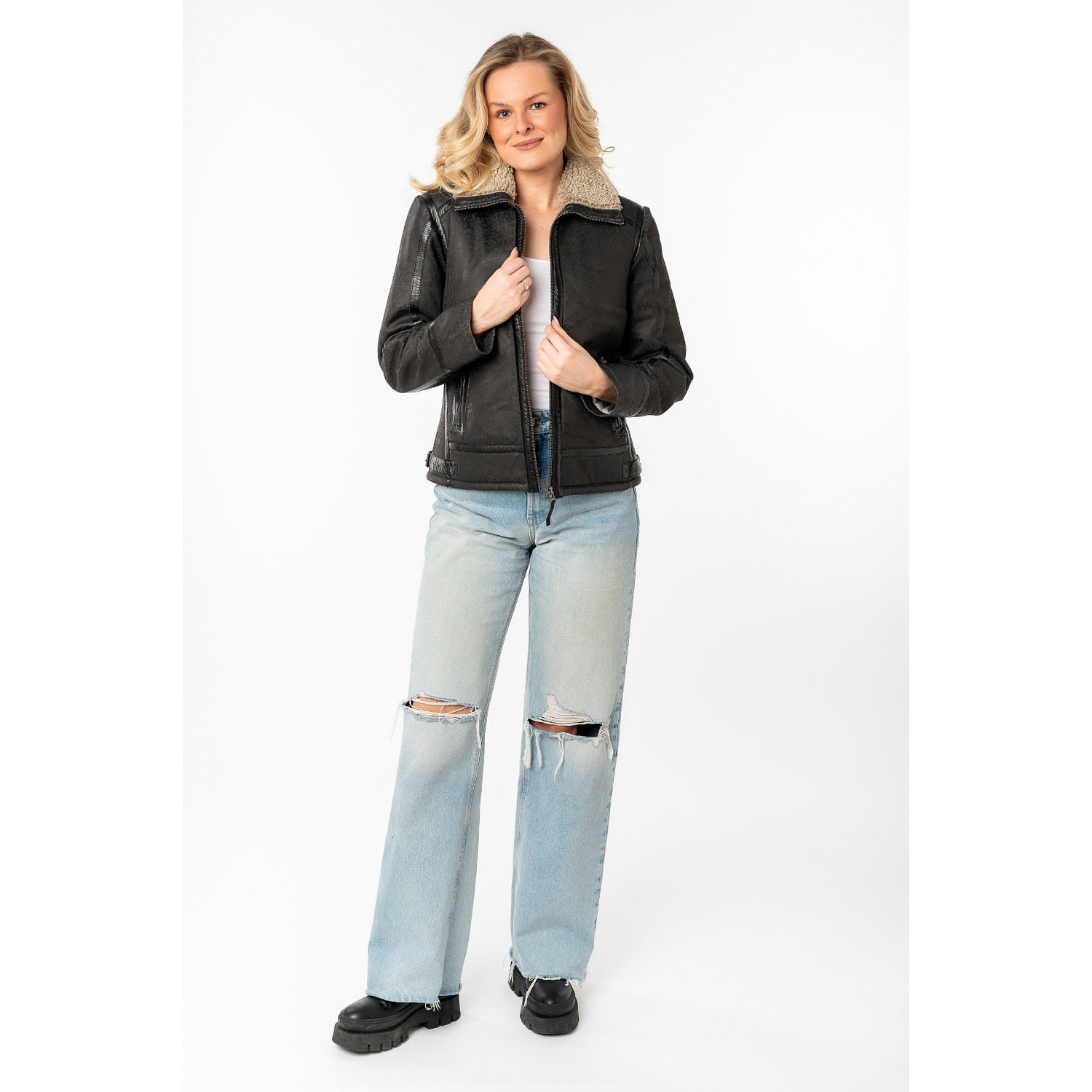 cojoc piele dama mauritius antracit mwiske guler blana mansete simple