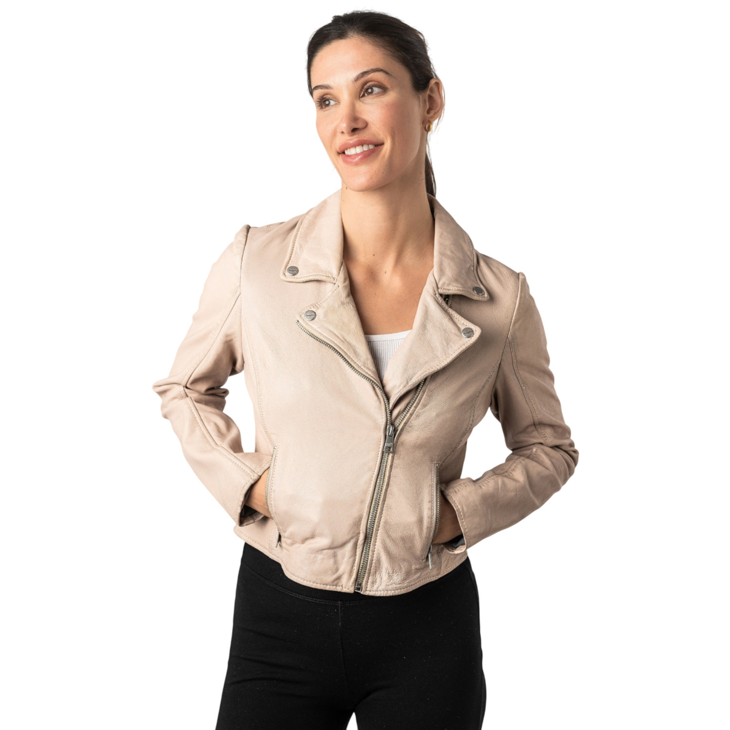 Geaca Scurta de Piele Dama Mauritius Alb Murdar MWKajah – Geci de Piele