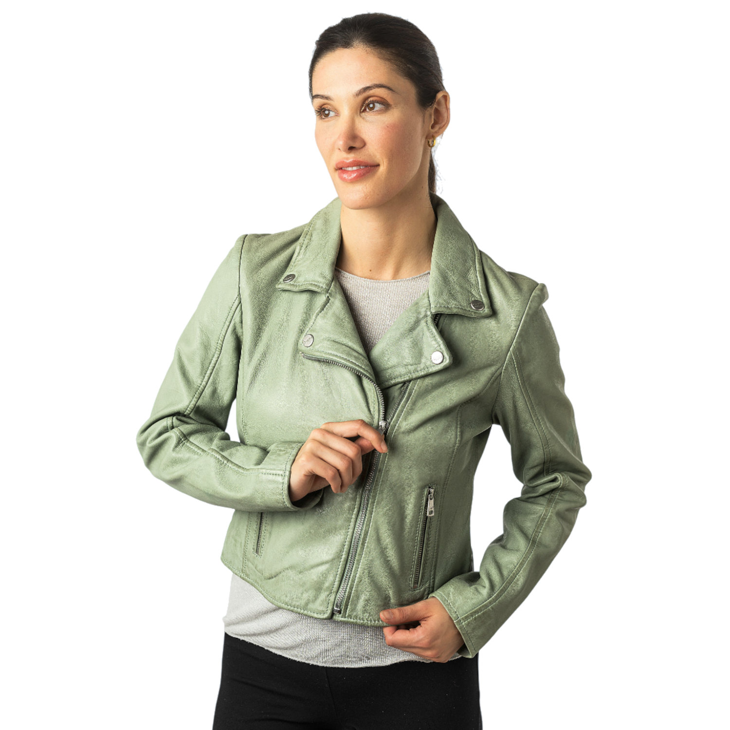 Geaca Piele Mauritius MWKajah - Stil Biker Minimalist Verde Mentă geaca piele dama mauritius verde menta mwkajah biker umeri simpli