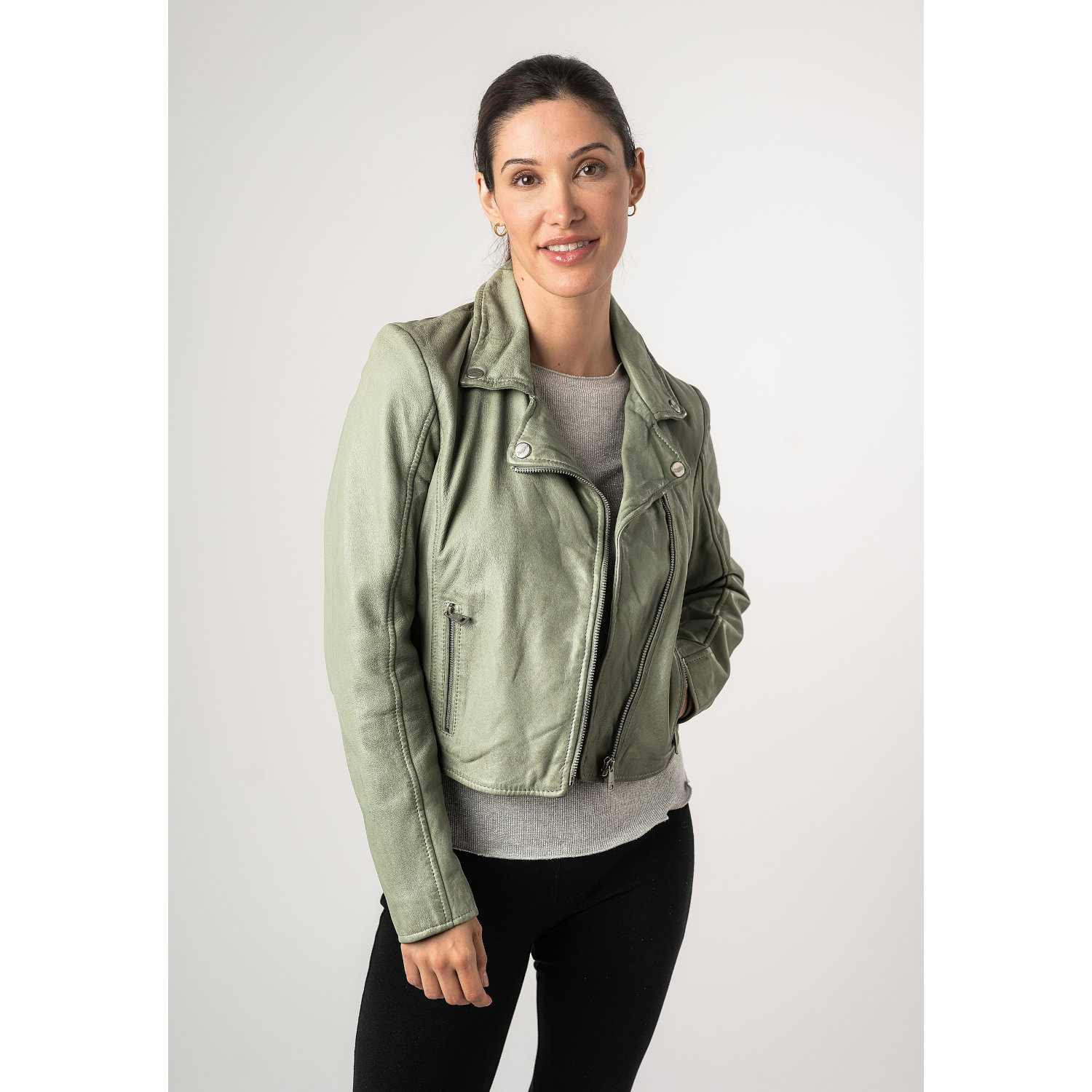 Geaca Piele Mauritius MWKajah - Stil Biker Minimalist Verde Mentă geaca piele dama mauritius verde menta mwkajah biker umeri simpli