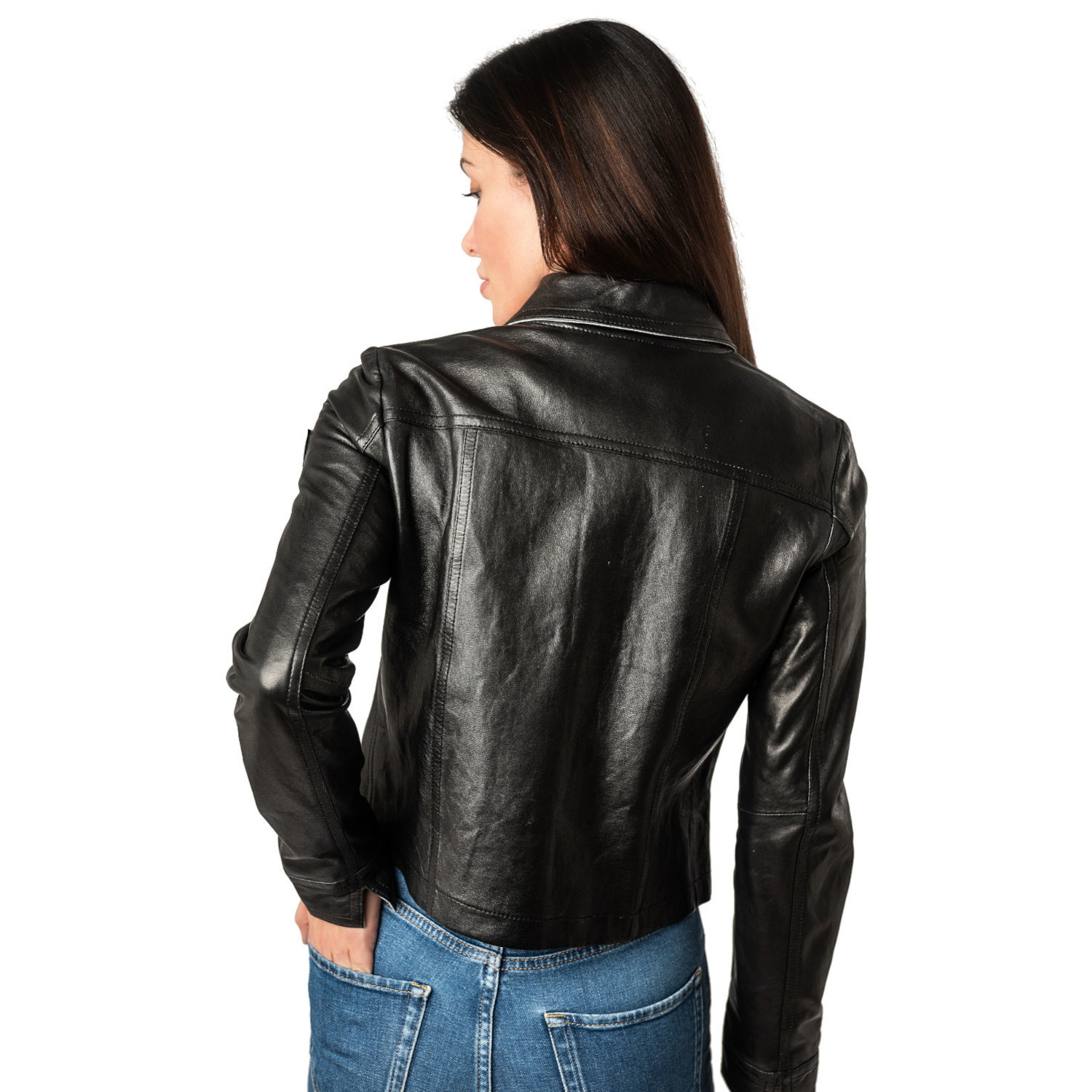 Geaca Piele Mauritius MWLefei - Design Shacket cu Capse geaca scurta piele dama mauritius mwlefei neagra stil camasa cu capse