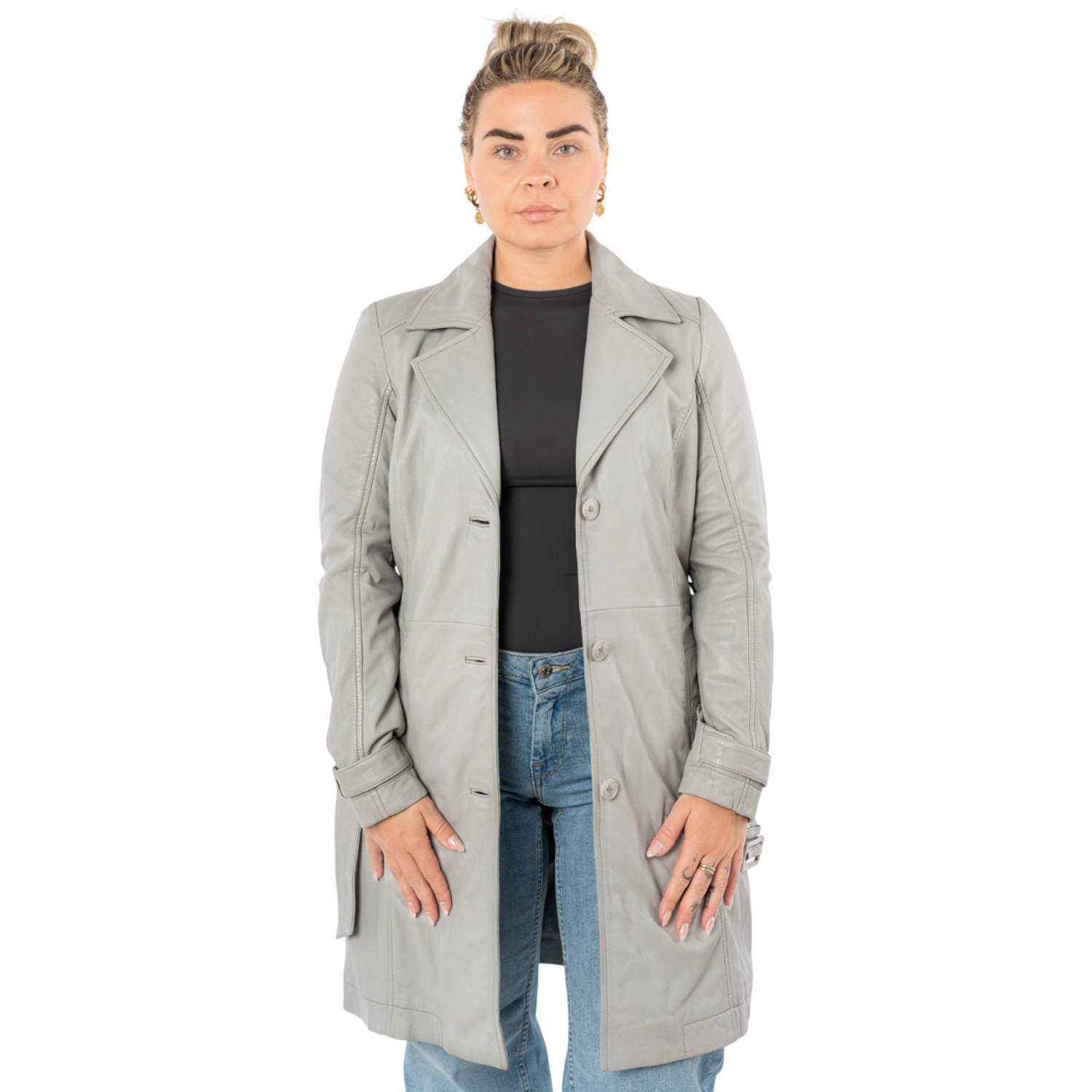 Geacă lungă de piele damă Mauritius MWLeoniz gri argintiu stil trench elegantă