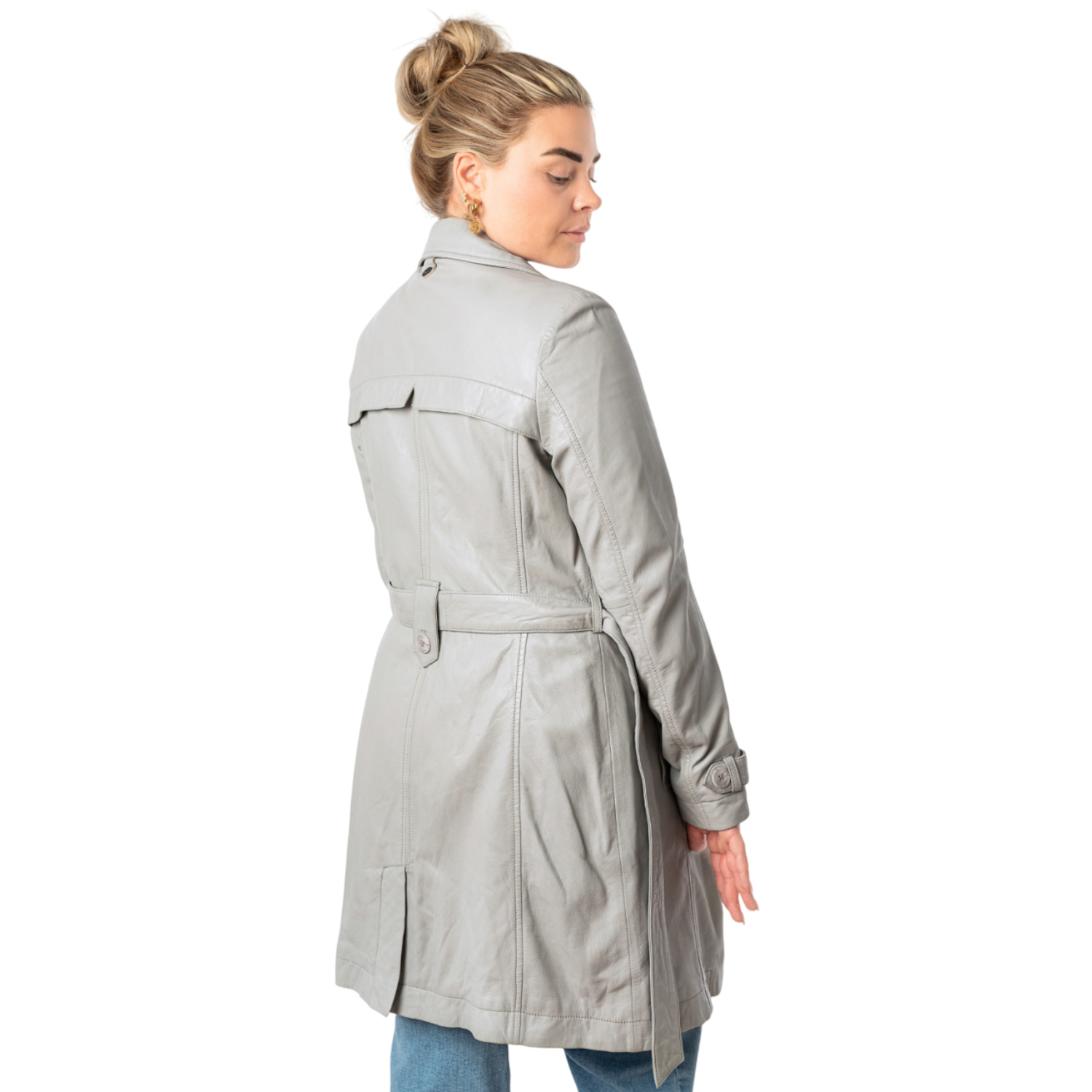 Geacă lungă de piele damă Mauritius MWLeoniz gri argintiu stil trench elegantă