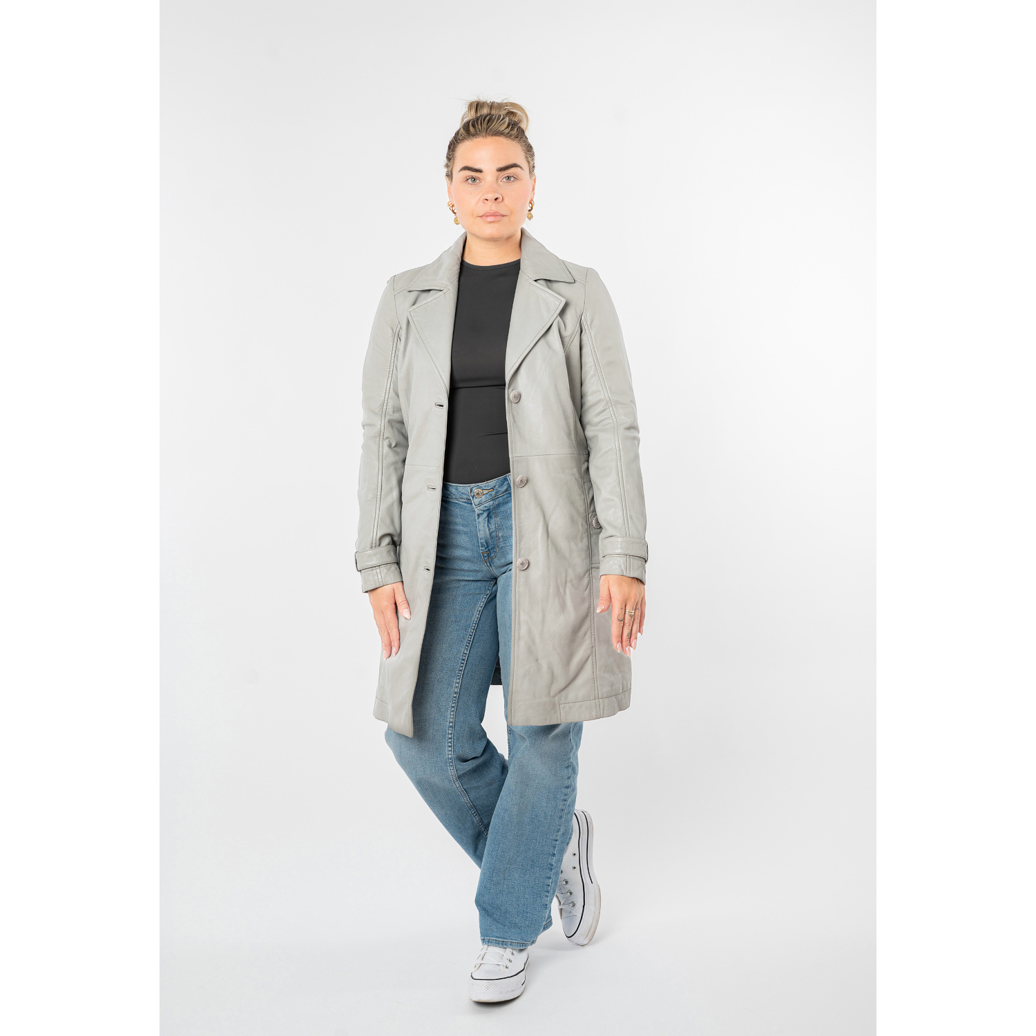 Mauritius MWLeoniz - Geacă Lungă de Piele Damă Gri Argintiu - Stil Trench Elegantă Geacă lungă de piele damă Mauritius MWLeoniz gri argintiu stil trench elegantă
