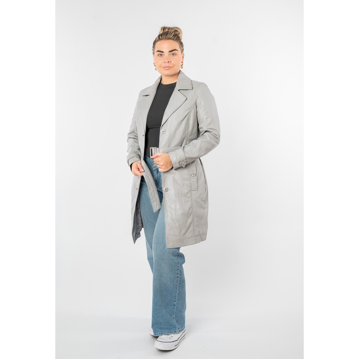 Mauritius MWLeoniz - Geacă Lungă de Piele Damă Gri Argintiu - Stil Trench Elegantă Geacă lungă de piele damă Mauritius MWLeoniz gri argintiu stil trench elegantă