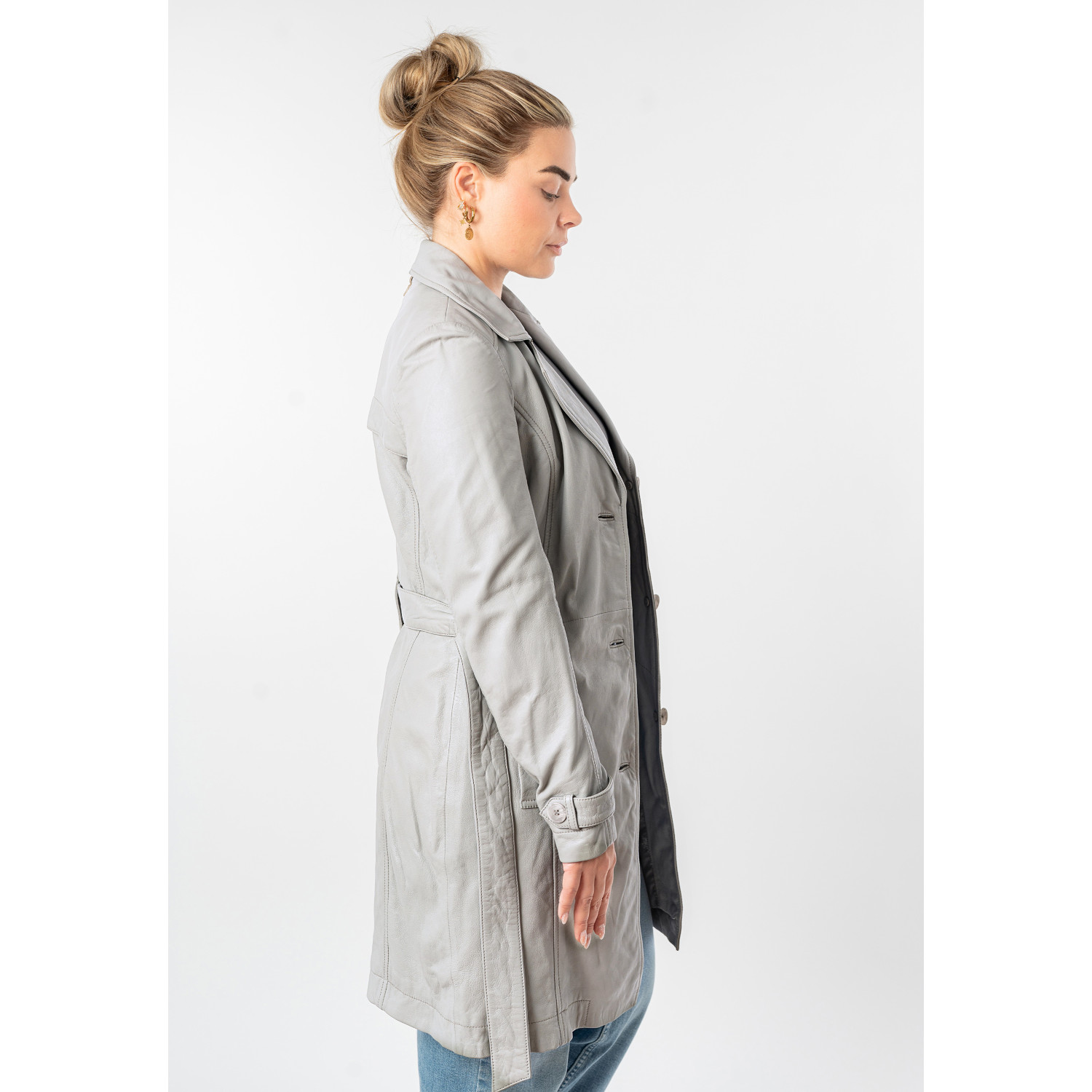 Mauritius MWLeoniz - Geacă Lungă de Piele Damă Gri Argintiu - Stil Trench Elegantă Geacă lungă de piele damă Mauritius MWLeoniz gri argintiu stil trench elegantă