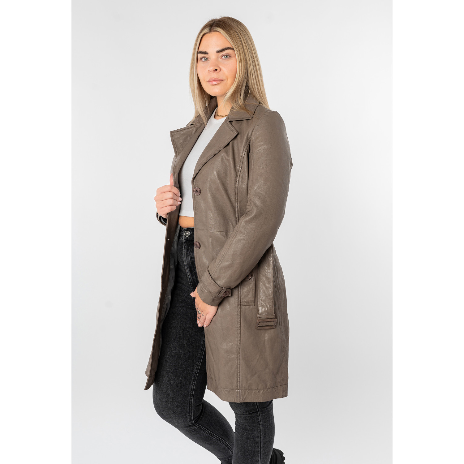 Geacă lungă de piele damă Mauritius MWLeoniz maro stil trench elegantă