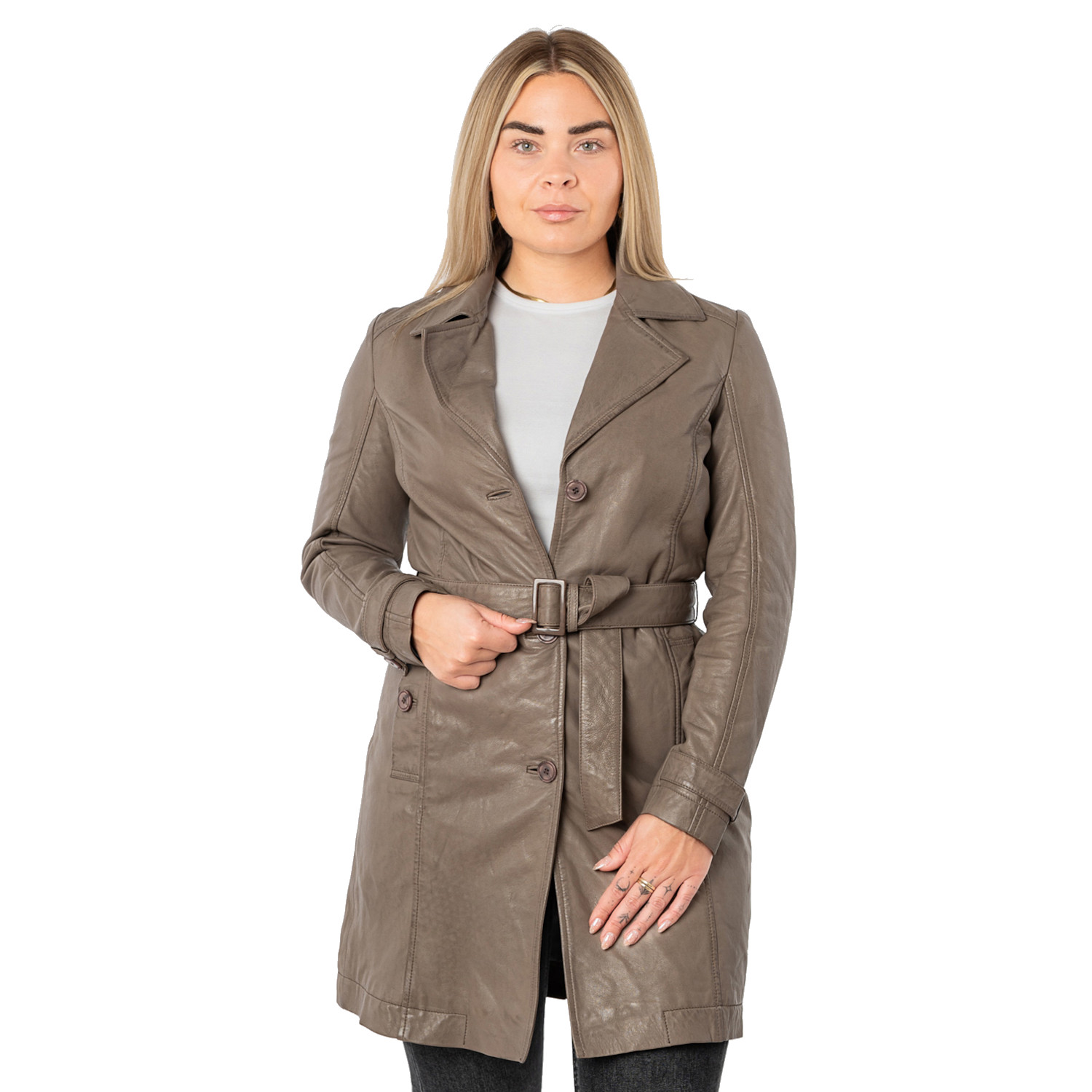Mauritius MWLeoniz - Geacă Lungă de Piele Damă Maro - Stil Trench, Elegantă Geacă lungă de piele damă Mauritius MWLeoniz maro stil trench elegantă