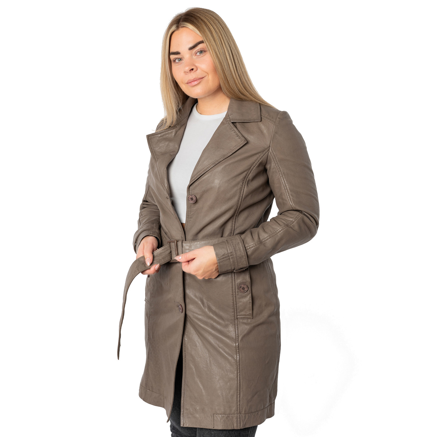 Mauritius MWLeoniz - Geacă Lungă de Piele Damă Maro - Stil Trench, Elegantă Geacă lungă de piele damă Mauritius MWLeoniz maro stil trench elegantă