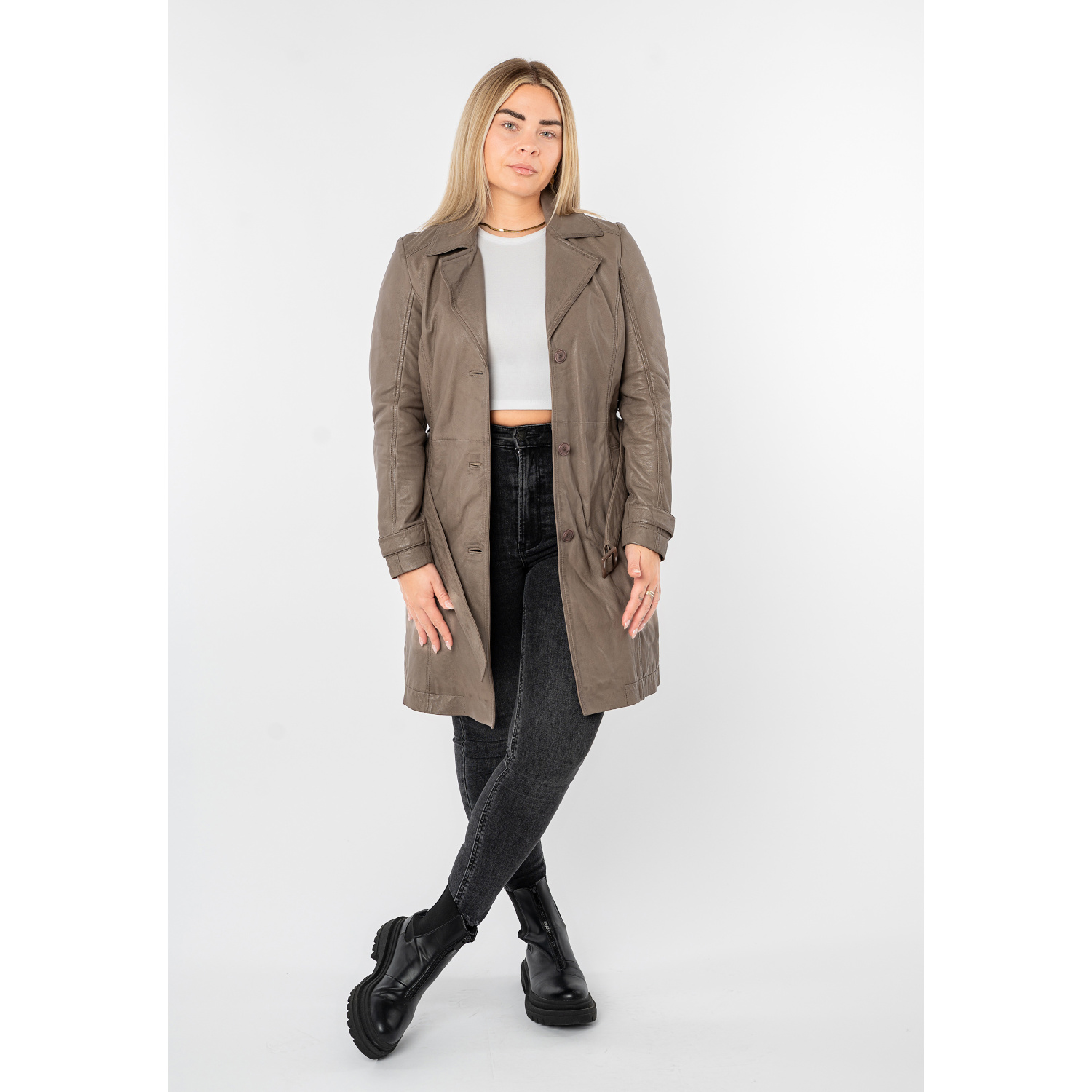 Mauritius MWLeoniz - Geacă Lungă de Piele Damă Maro - Stil Trench, Elegantă Geacă lungă de piele damă Mauritius MWLeoniz maro stil trench elegantă