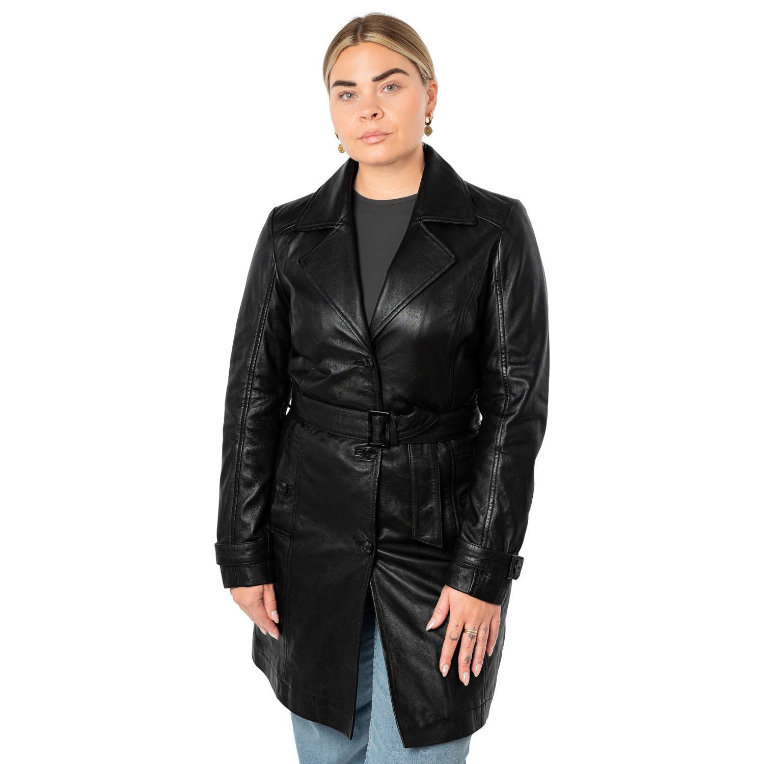 Mauritius MWLeoniz - Geacă Lungă de Piele Damă Neagră - Stil Trench, Elegantă Geacă lungă de piele damă Mauritius MWLeoniz neagră stil trench elegantă