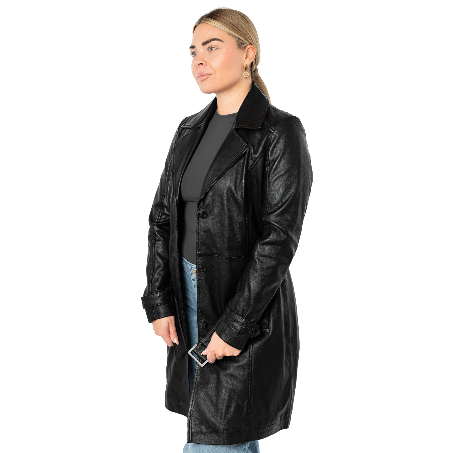 Mauritius MWLeoniz - Geacă Lungă de Piele Damă Neagră - Stil Trench, Elegantă Geacă lungă de piele damă Mauritius MWLeoniz neagră stil trench elegantă