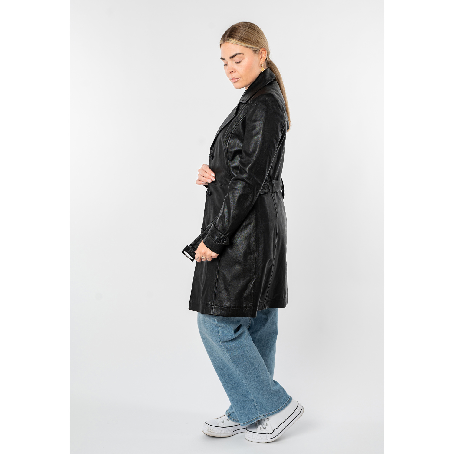 Mauritius MWLeoniz - Geacă Lungă de Piele Damă Neagră - Stil Trench, Elegantă Geacă lungă de piele damă Mauritius MWLeoniz neagră stil trench elegantă