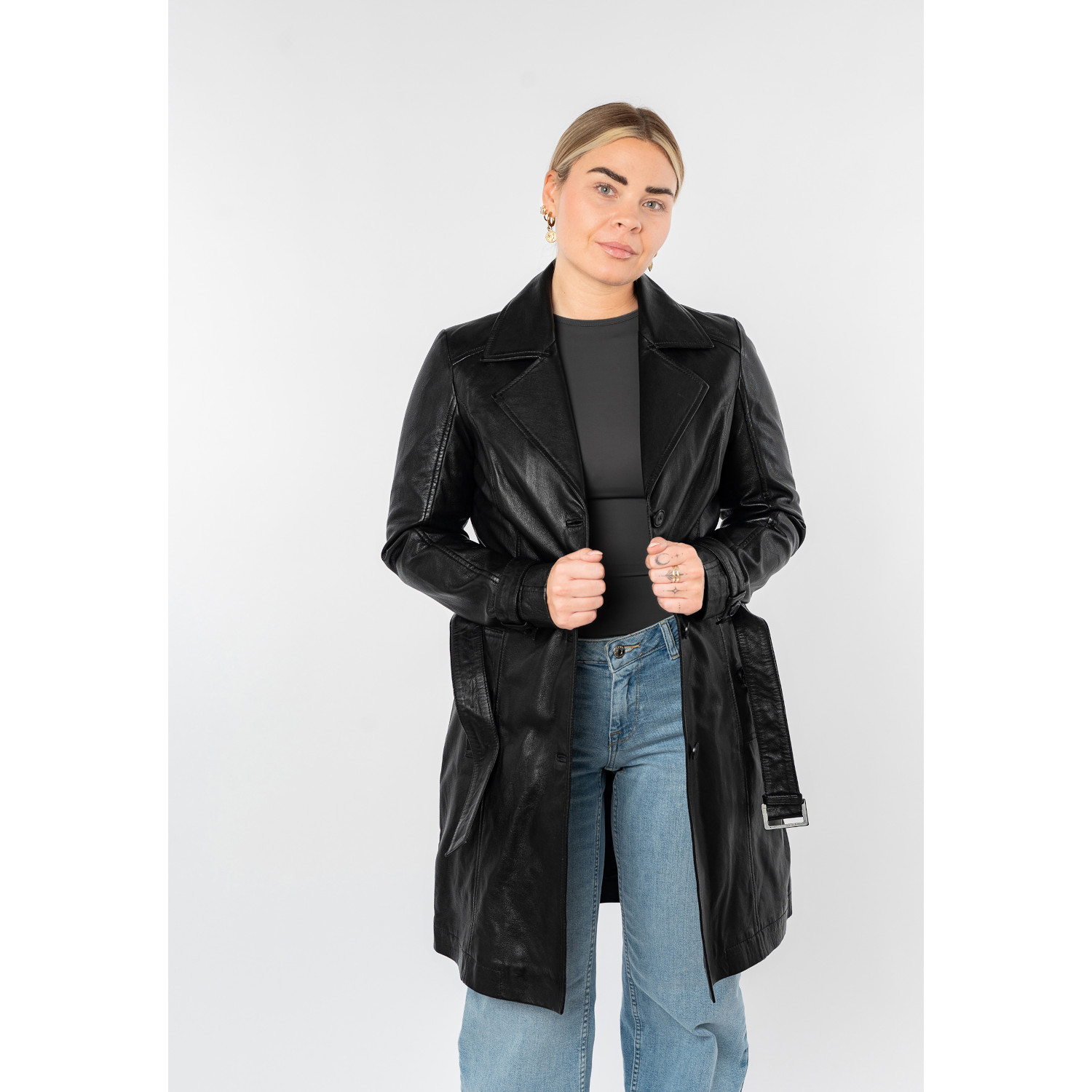Mauritius MWLeoniz - Geacă Lungă de Piele Damă Neagră - Stil Trench, Elegantă Geacă lungă de piele damă Mauritius MWLeoniz neagră stil trench elegantă