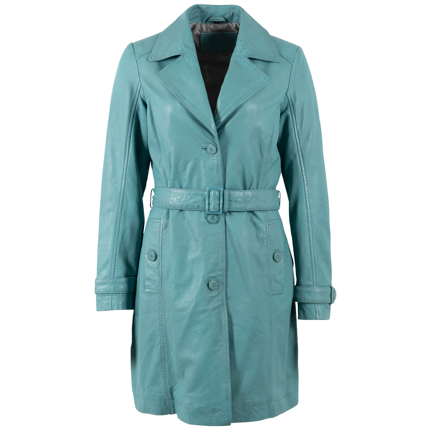 Geacă lungă de piele damă Mauritius MWLeoniz turcoaz deschis stil trench elegant