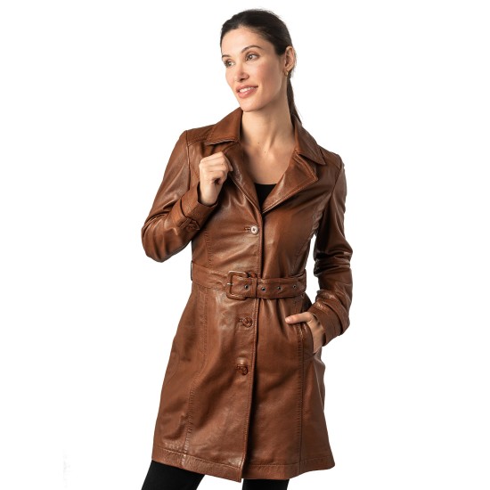 Geaca Lunga de Piele Dama Mauritius Coniac MWLeonne