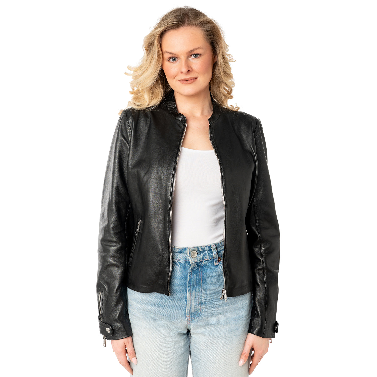 geaca piele dama mauritius neagra mwliliana guler stand up