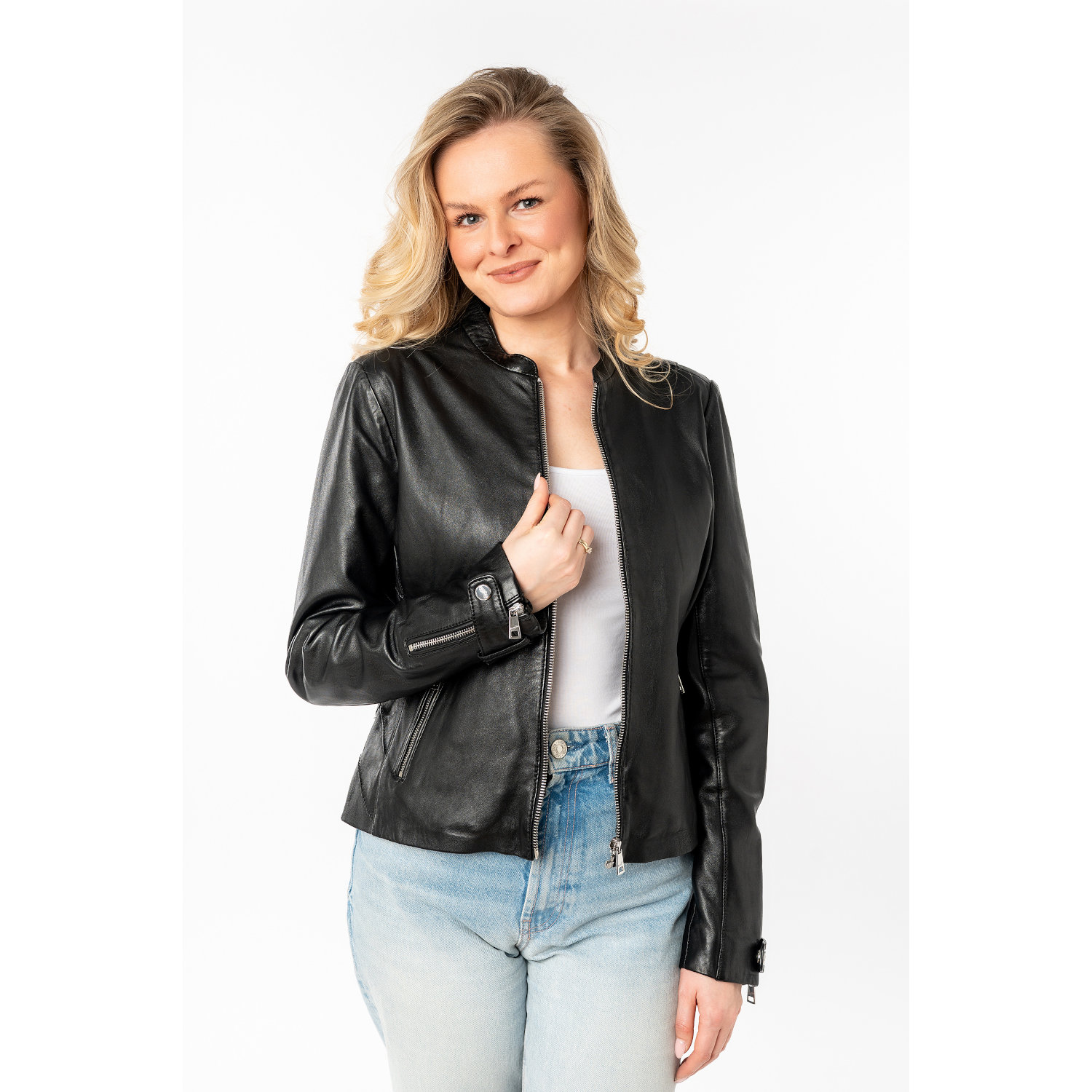 geaca piele dama mauritius neagra mwliliana guler stand up